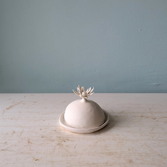A small matte ceramic lidded butter dish with a sculptural flower-like lid and matching saucer, set on a light wood surface against a muted blue wall.