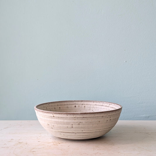A handmade ceramic bowl with a speckled beige and brown glaze, sitting on a light wooden surface against a pale blue wall.
