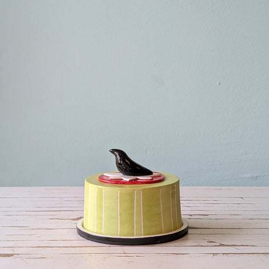 Front view of a colourful ceramic butter dish with a bird handle on a white wooden surface against a blue wall.