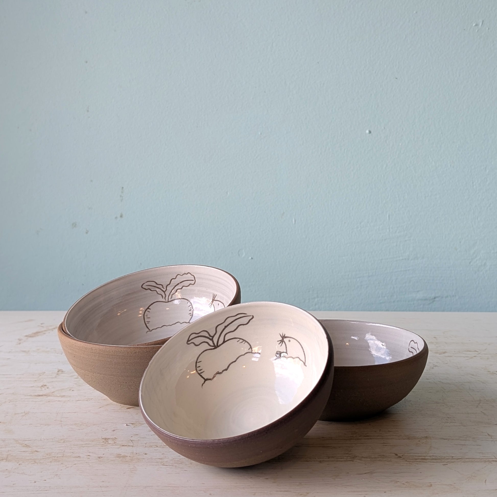 Three ceramic bowls with animal illustrations on a light wooden surface against a light blue wall.