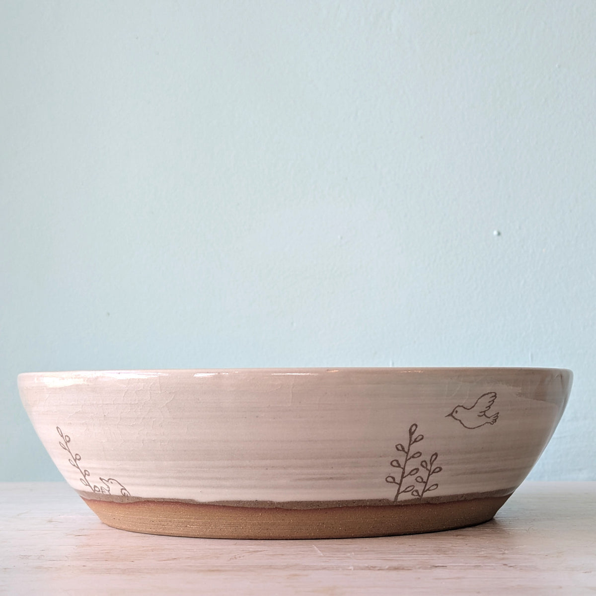 A wide, shallow ceramic bowl with a textured light beige upper half and a natural brown clay base, decorated with simple brown line drawings of a bird and small leafy sprigs, set against a pale blue wall.